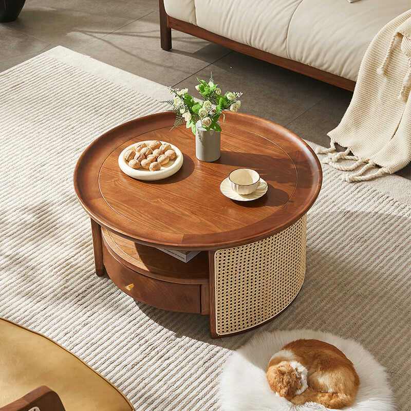 Retro Solid Wood Rattan Round Coffee Table