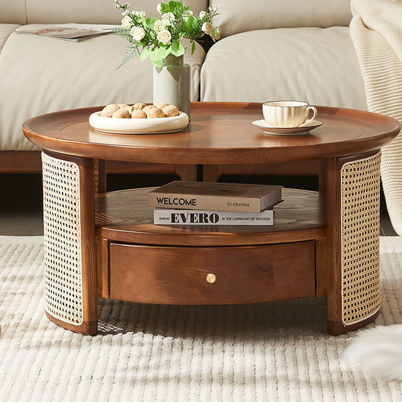 Retro Solid Wood Rattan Round Coffee Table