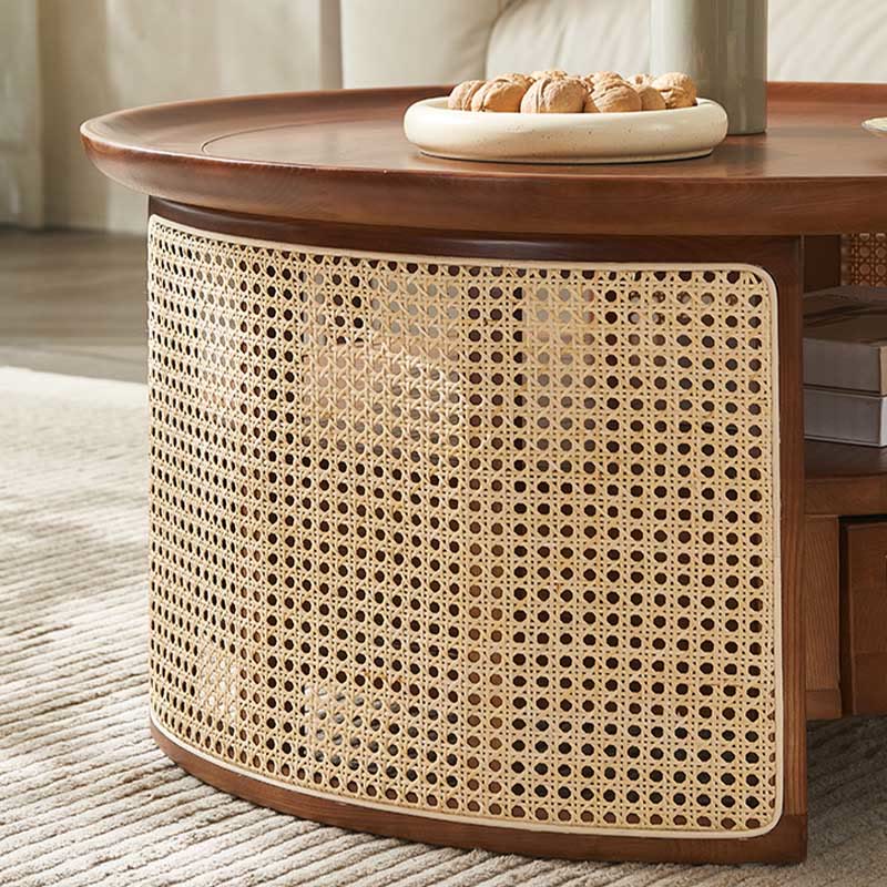 Retro Solid Wood Rattan Round Coffee Table