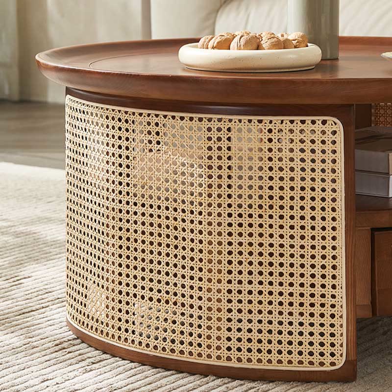 Retro Solid Wood Rattan Round Coffee Table - image 7