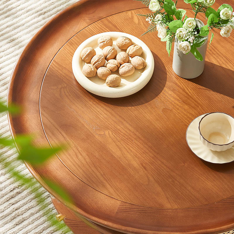 Retro Solid Wood Rattan Round Coffee Table