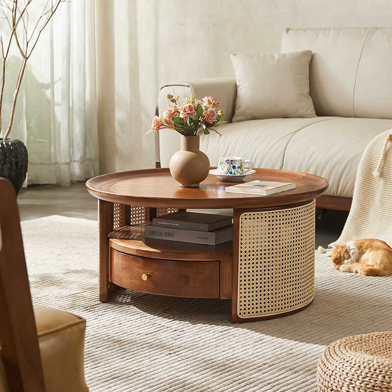Retro Solid Wood Rattan Round Coffee Table