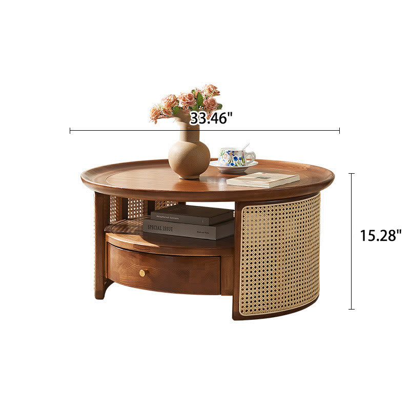 Retro Solid Wood Rattan Round Coffee Table