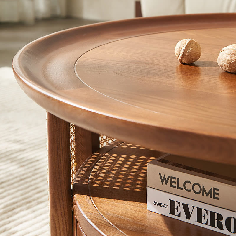 Retro Solid Wood Rattan Round Coffee Table