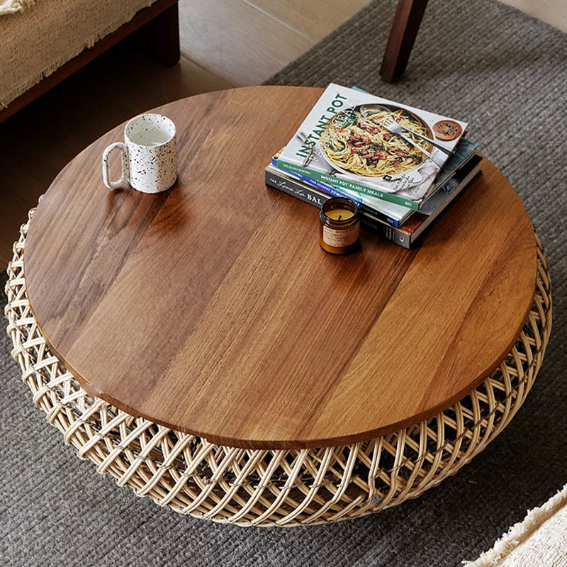 Round Solid Wood Rattan Coffee Table