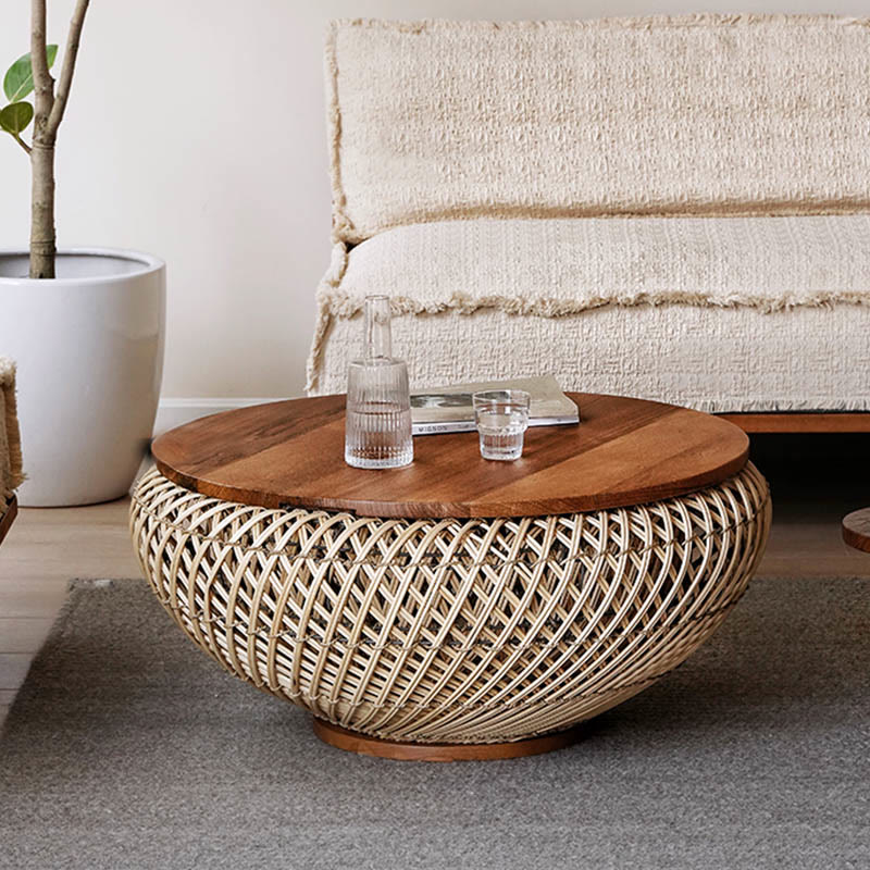Round Solid Wood Rattan Coffee Table