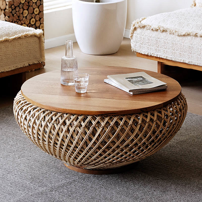 Round Solid Wood Rattan Coffee Table