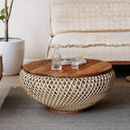 Round Solid Wood Rattan Coffee Table - Walnut - image 0