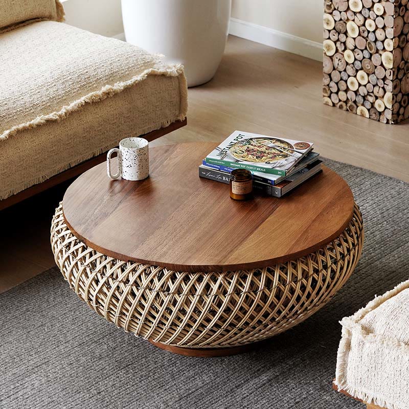 Round Solid Wood Rattan Coffee Table