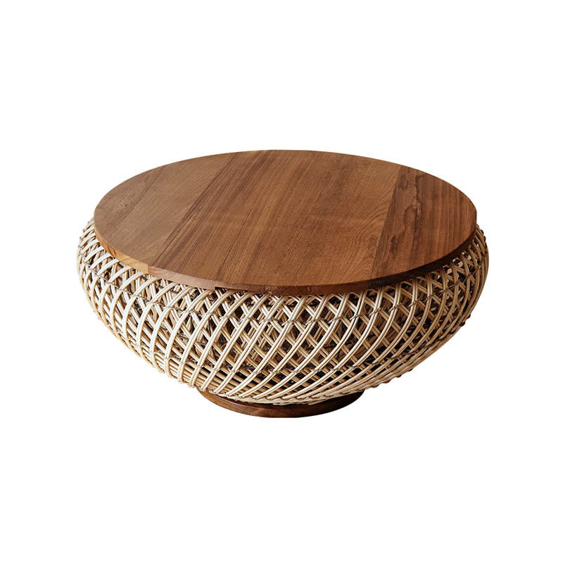 Round Solid Wood Rattan Coffee Table