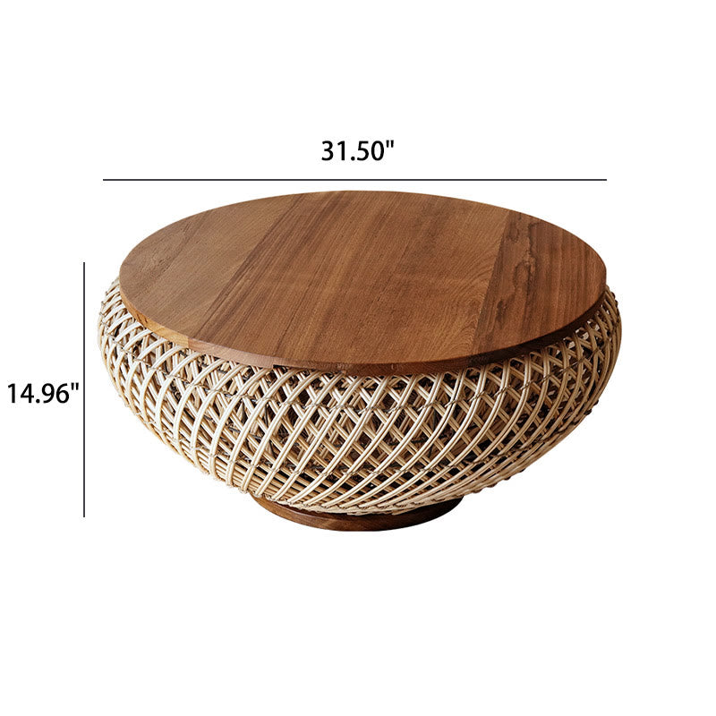 Round Solid Wood Rattan Coffee Table