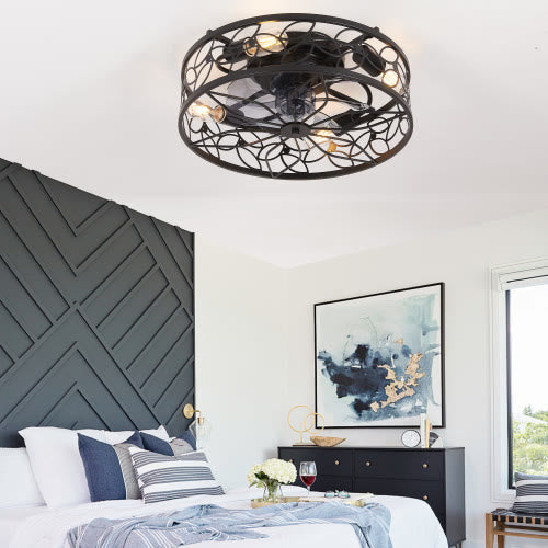 Black Vintage Caged Ceiling Fan Light - 19.70"W x 19.70"L x 7.90"H - Black - image 2