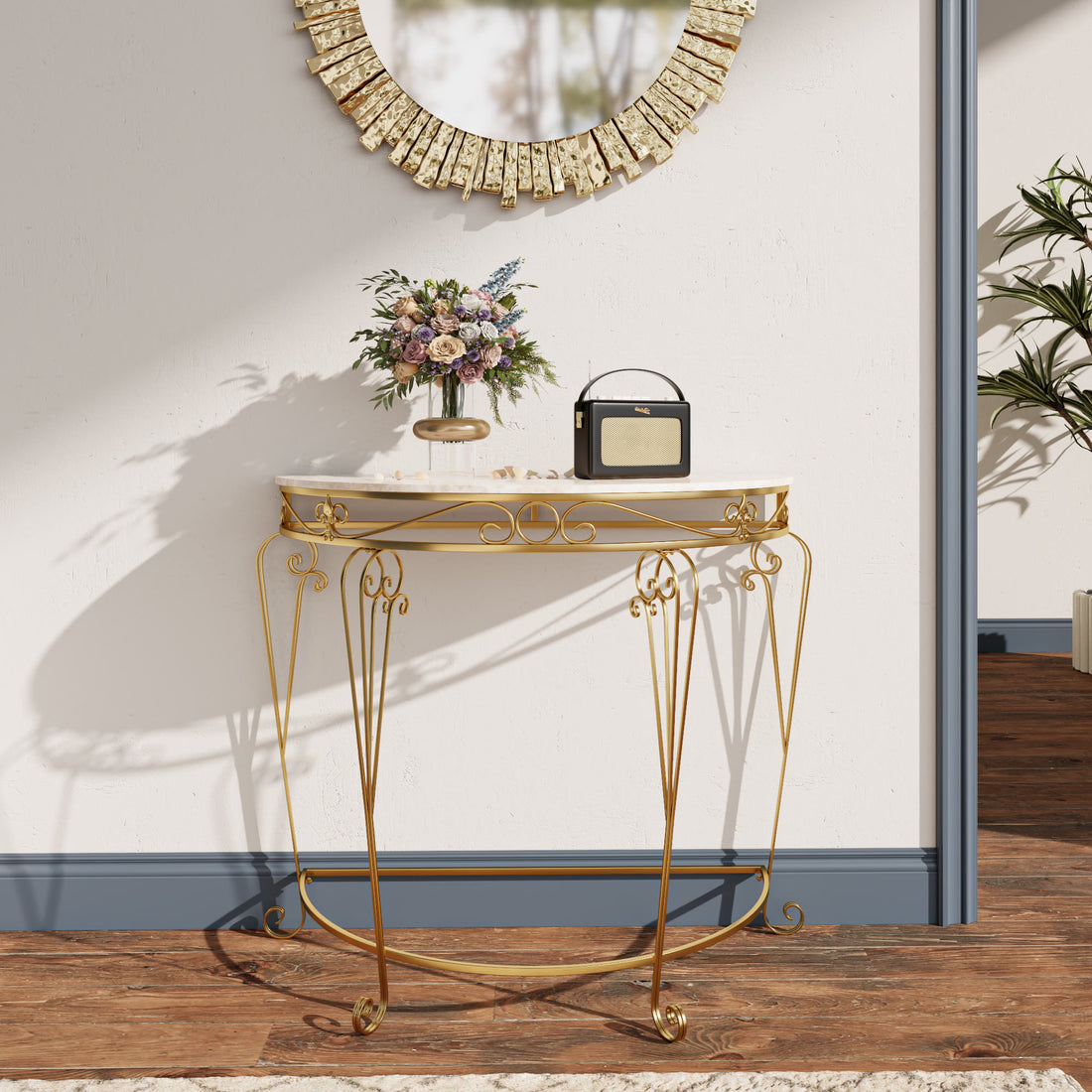 French Country 35.4" White & Gold Console Table - Half-moon Faux Marble Top Entryway Table