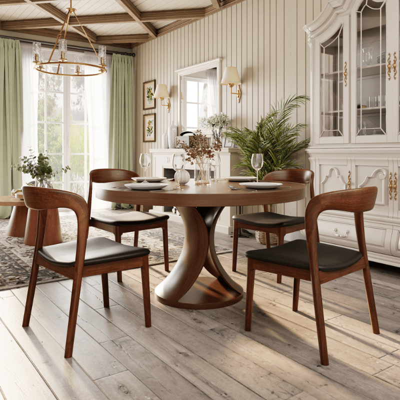 Solid Wood Round Mid-century Walnut Kitchen Room Dining Table Wood