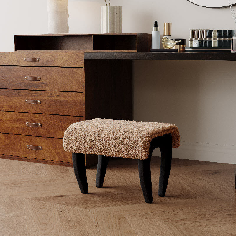 Mid-century Solid Wood Lamb Fur Ottoman
