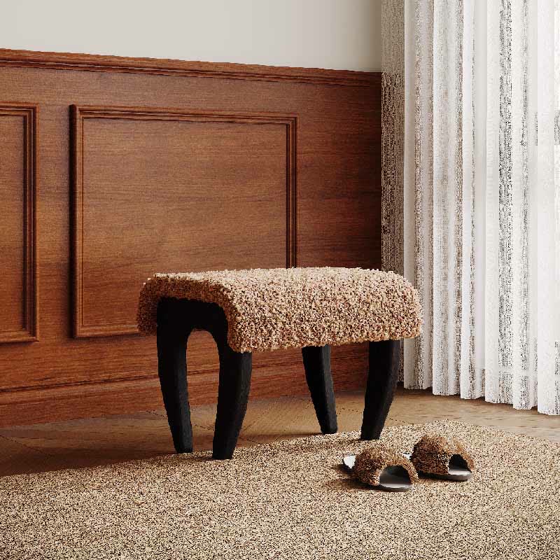 Mid-century Solid Wood Lamb Fur Ottoman