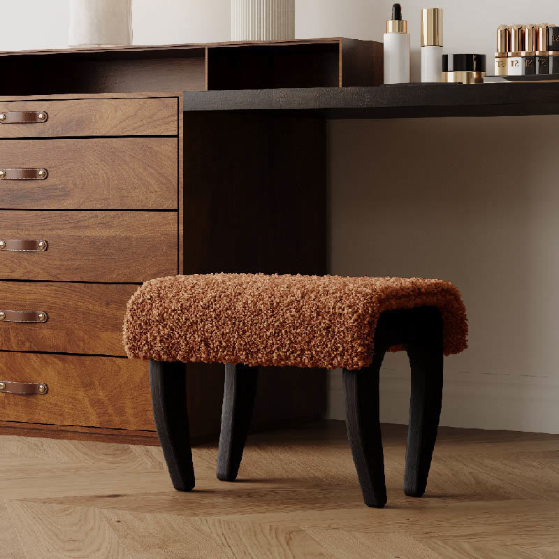 Mid-century Solid Wood Lamb Fur Ottoman - Caramel - image 5