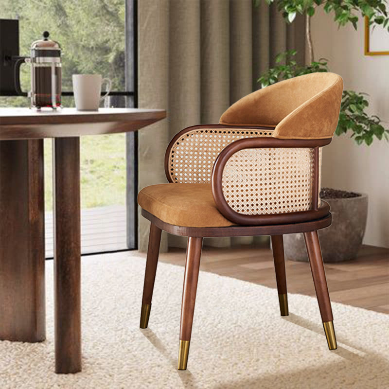 Solid Wood Rattan Flannel Dining Chair With Backrest