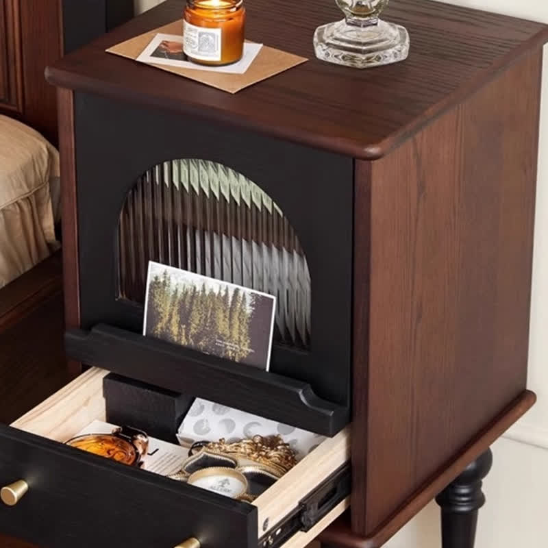 Solid Wood Retro Nightstand Glass Door Storage Cabinet - image 5