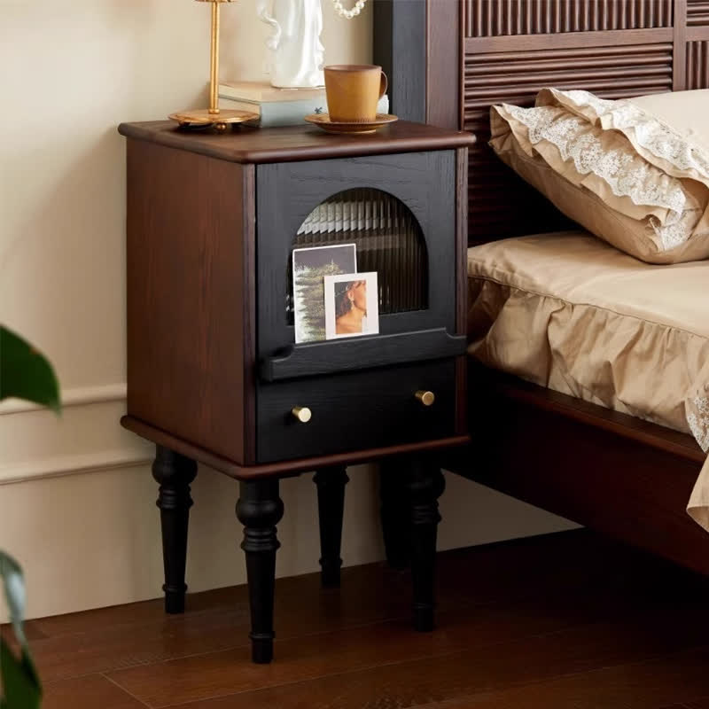 Solid Wood Retro Nightstand Glass Door Storage Cabinet - 2× Dark Walnut - 15.35" W x 14.56" D x 28.15" H - image 0