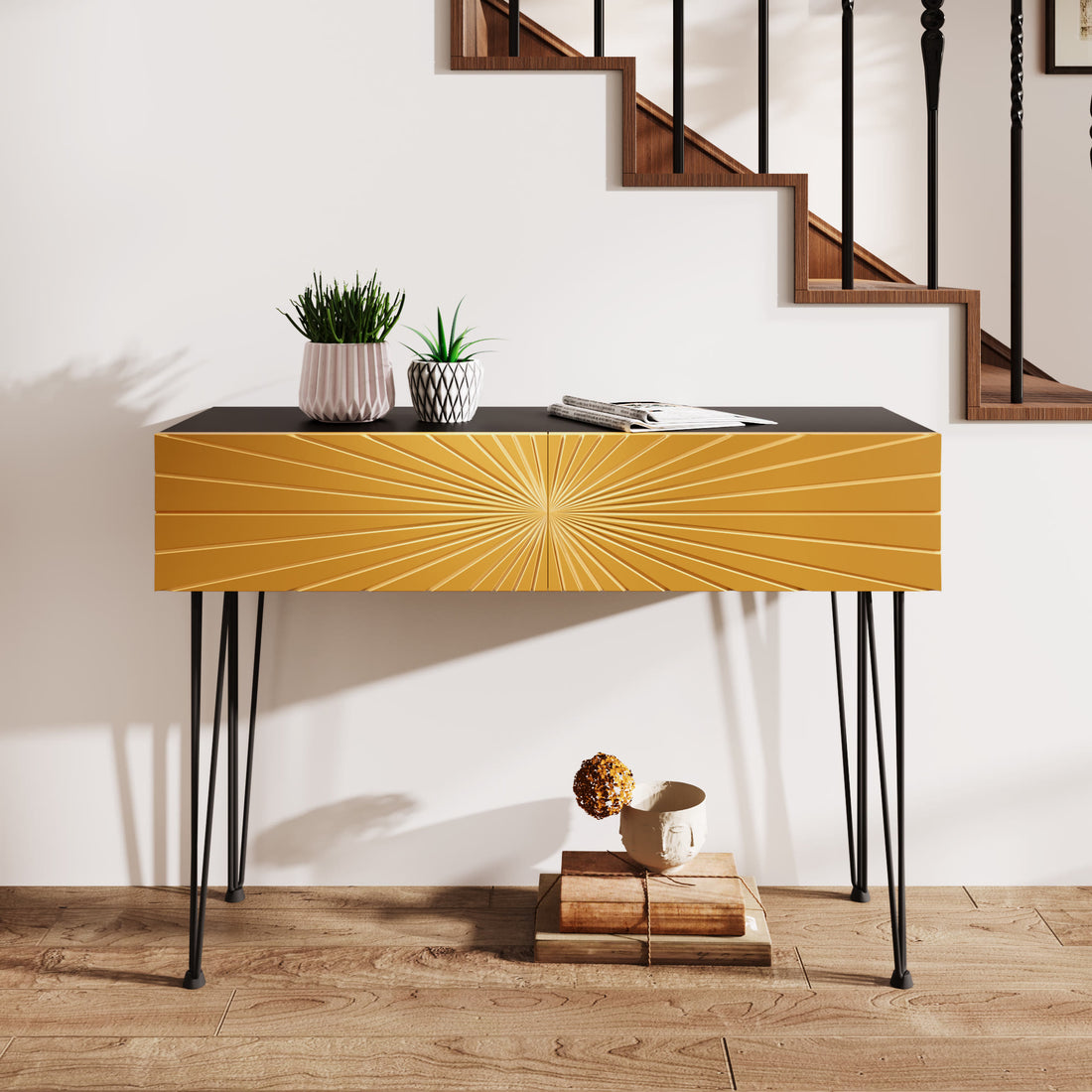 Mordern 39.4" Black & Gold Console Table With Storage Wood Entryway Table With 2 Drawers