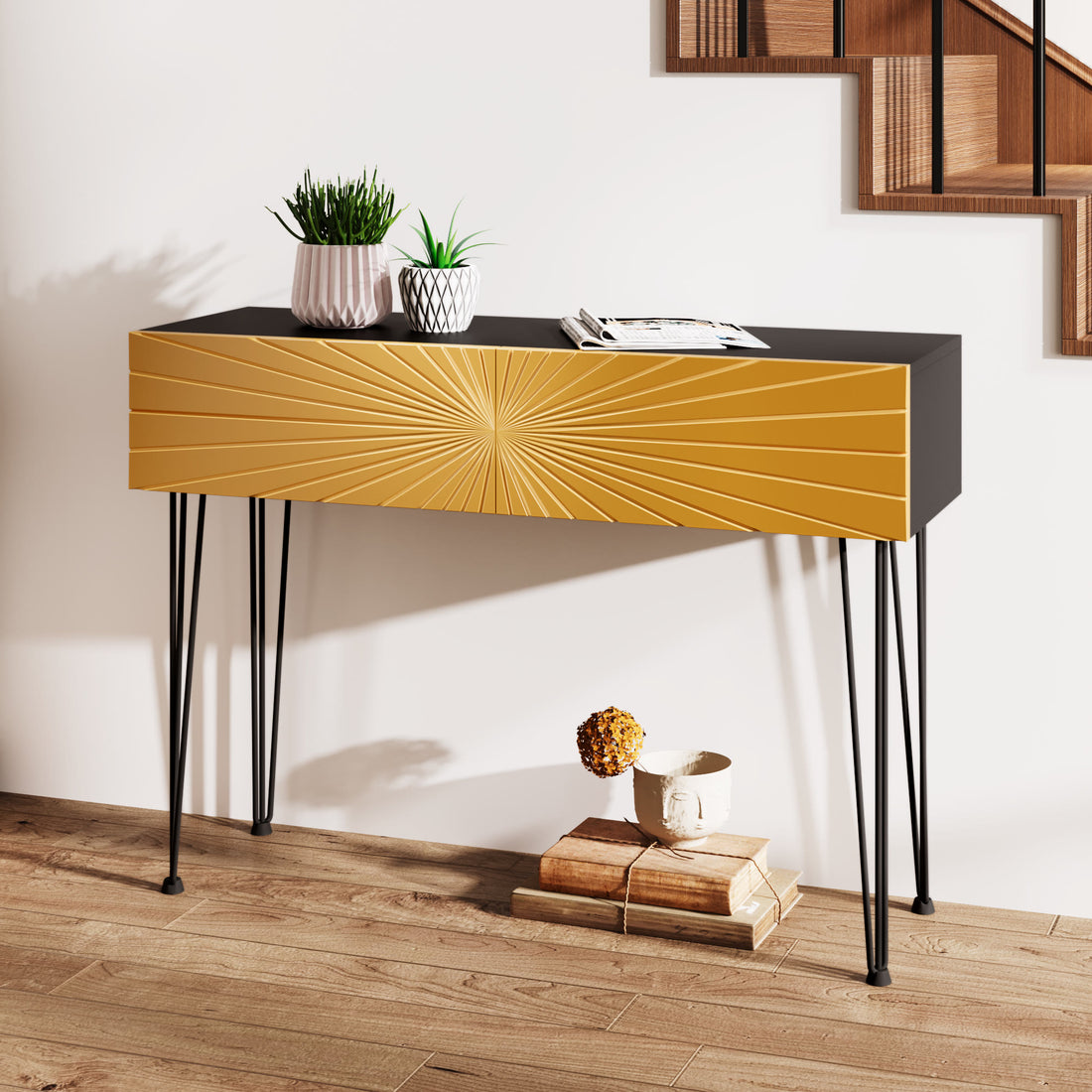 Mordern 39.4" Black & Gold Console Table With Storage Wood Entryway Table With 2 Drawers