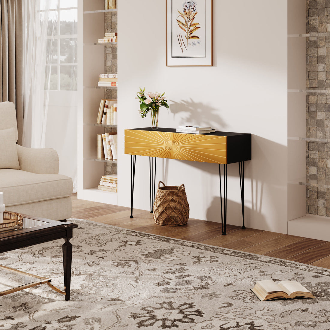 Iffhome Mordern 39.4" Black & Gold Console Table With Storage Wood Entryway Table With 2 Drawers - image 6