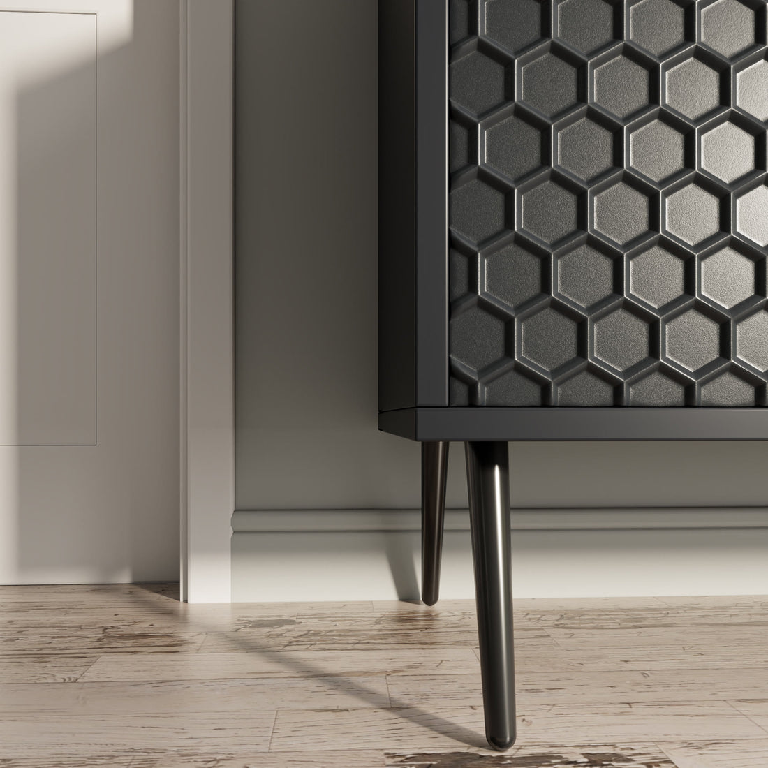 Wooden Storage Cabinet With Honeycomb Hexagonal Pattern Doors