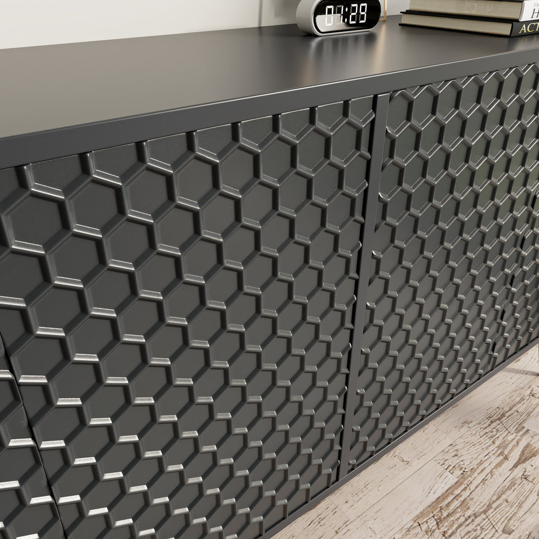 Wooden Storage Cabinet With Honeycomb Hexagonal Pattern Doors