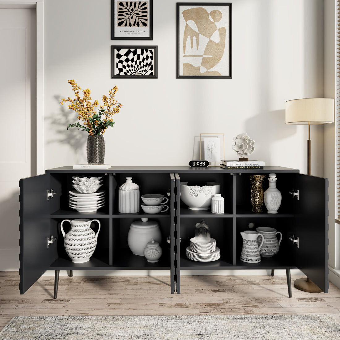 Wooden Storage Cabinet With Honeycomb Hexagonal Pattern Doors