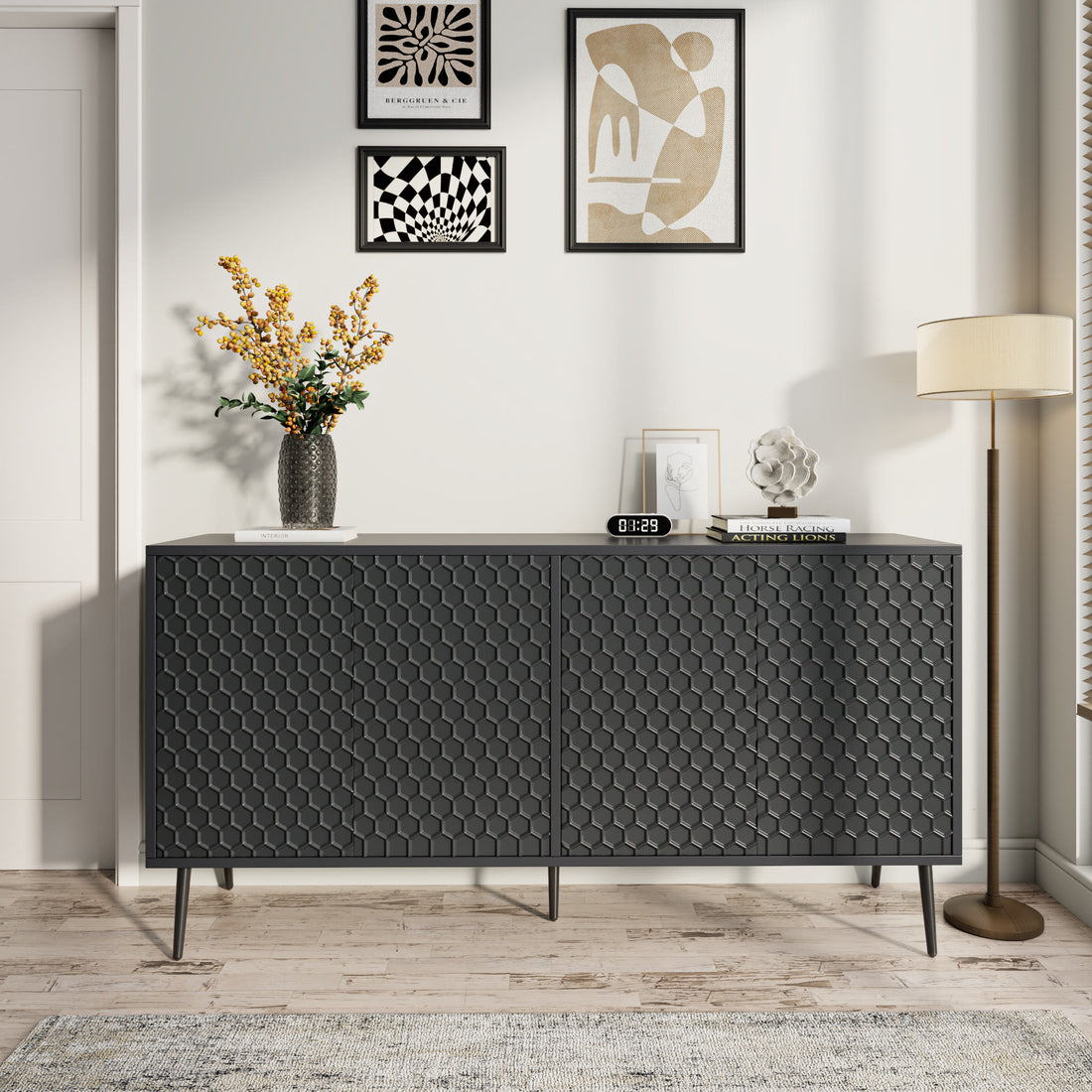 Wooden Storage Cabinet With Honeycomb Hexagonal Pattern Doors