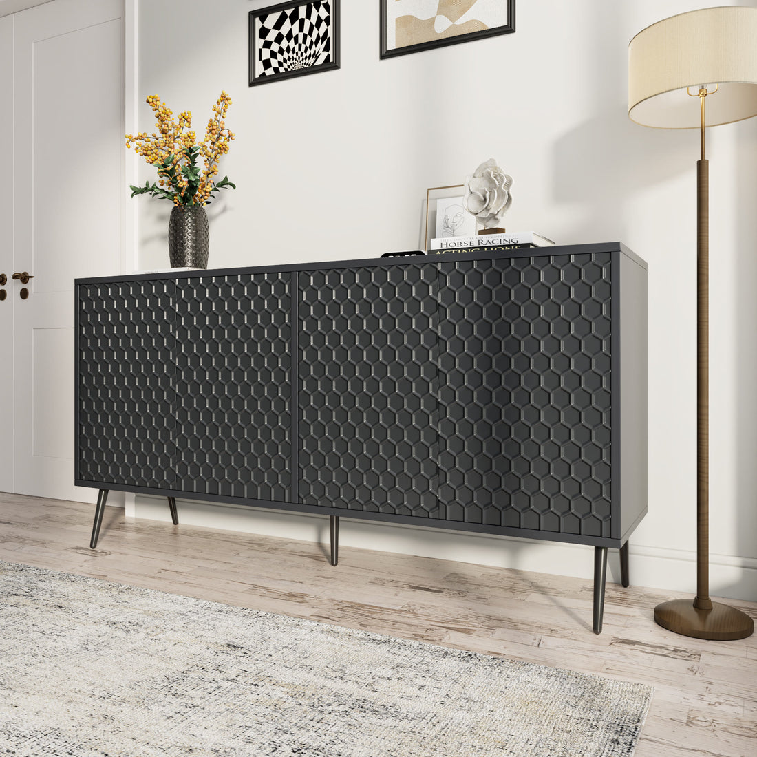 Wooden Storage Cabinet With Honeycomb Hexagonal Pattern Doors