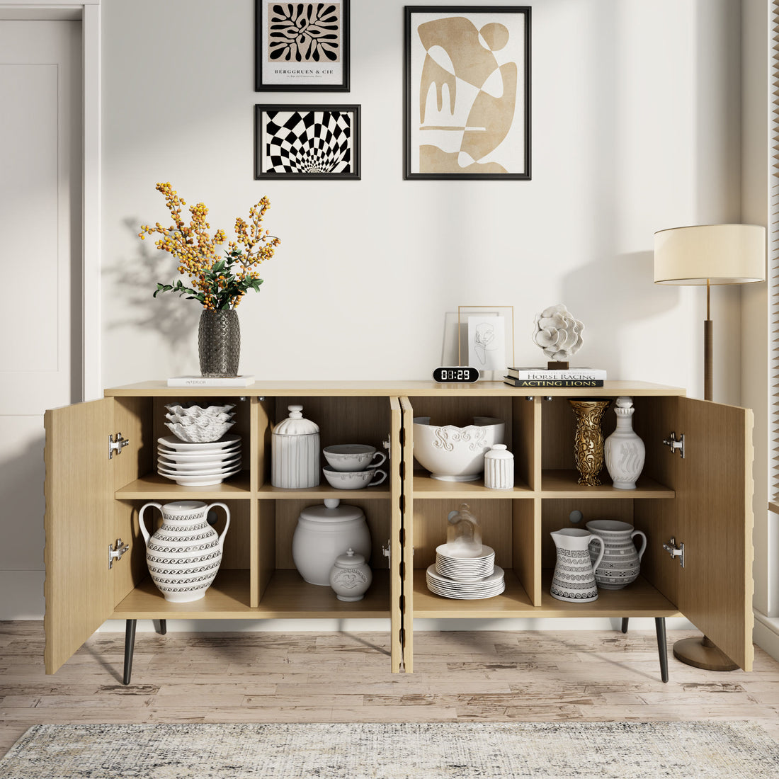 Wooden Storage Cabinet With Honeycomb Hexagonal Pattern Doors