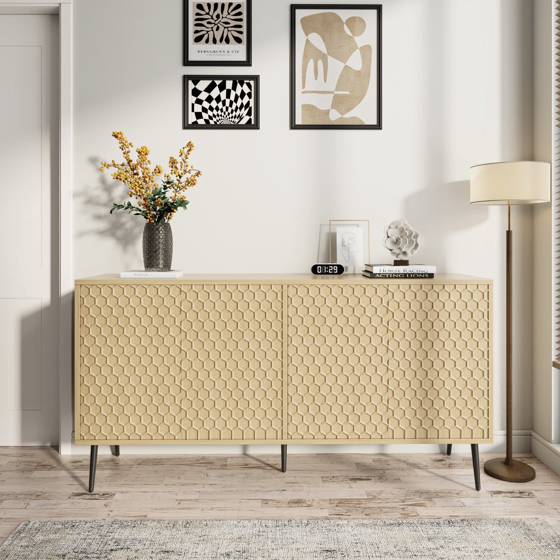 Wooden Storage Cabinet With Honeycomb Hexagonal Pattern Doors