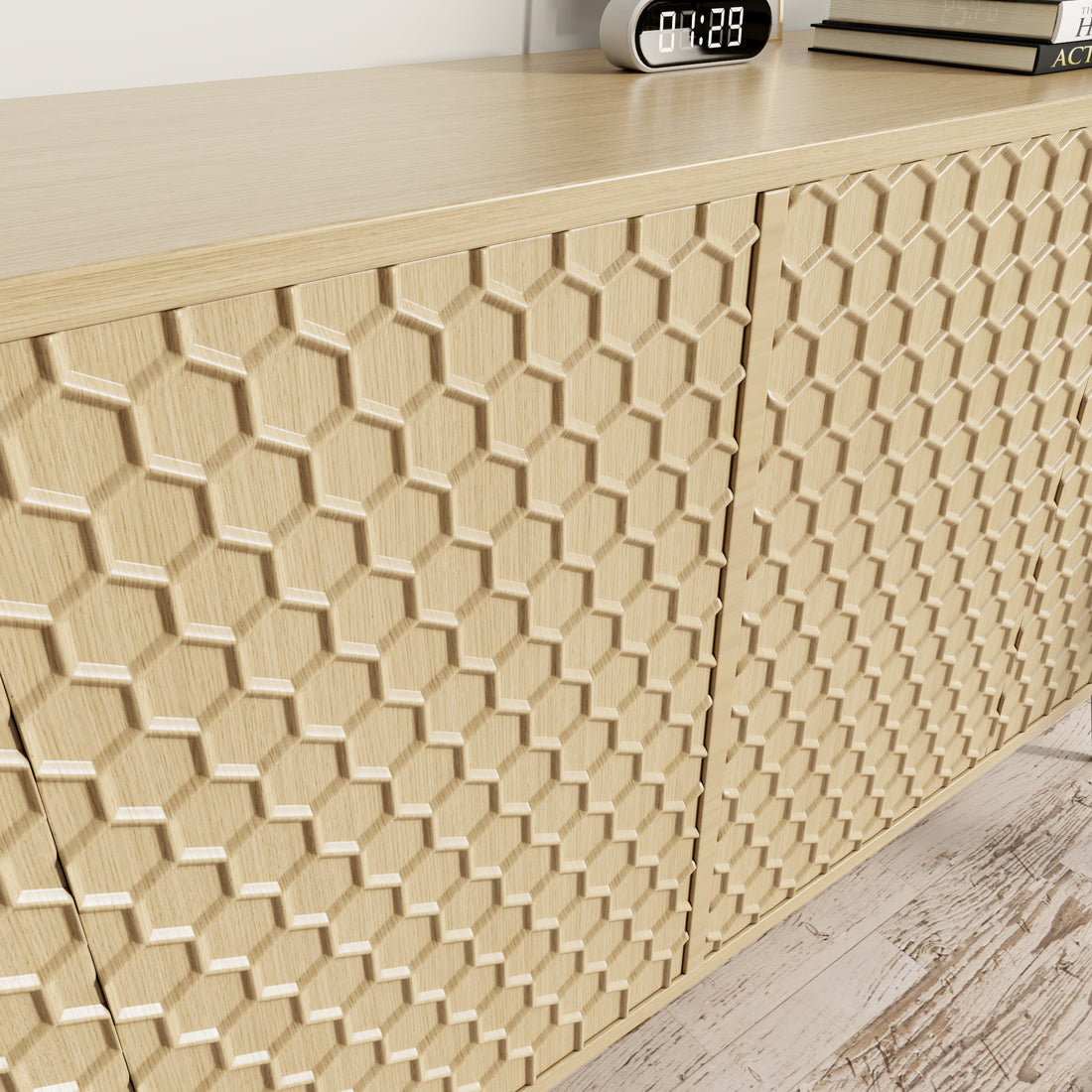 Wooden Storage Cabinet With Honeycomb Hexagonal Pattern Doors