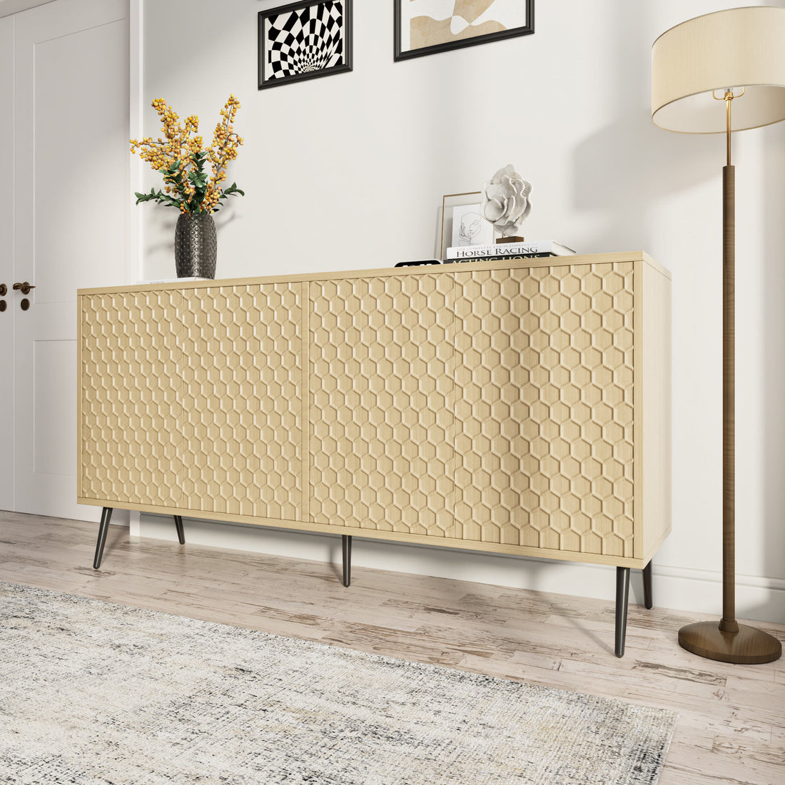 Wooden Storage Cabinet With Honeycomb Hexagonal Pattern Doors