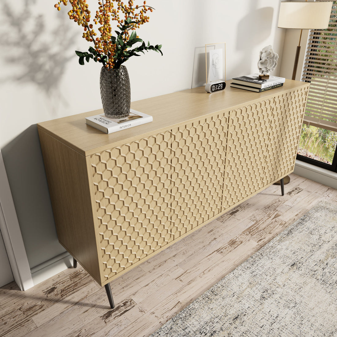 Wooden Storage Cabinet With Honeycomb Hexagonal Pattern Doors