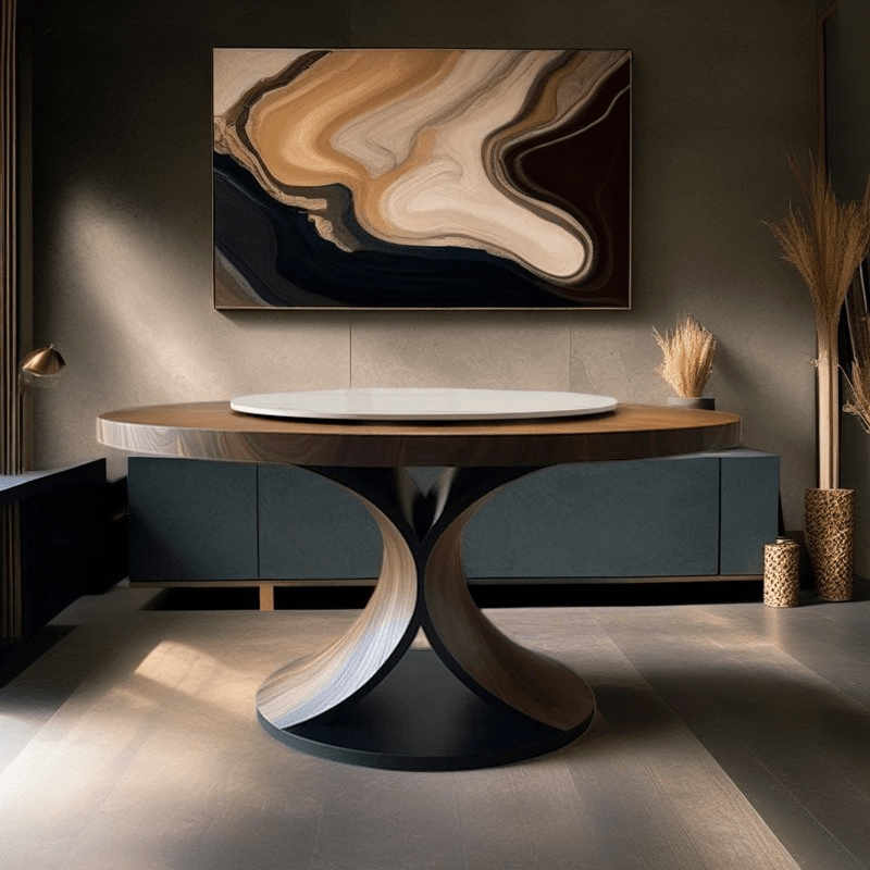 Solid Wood Round Mid-century Walnut Kitchen Room Dining Table With Removable Lazy Susan Tabletop