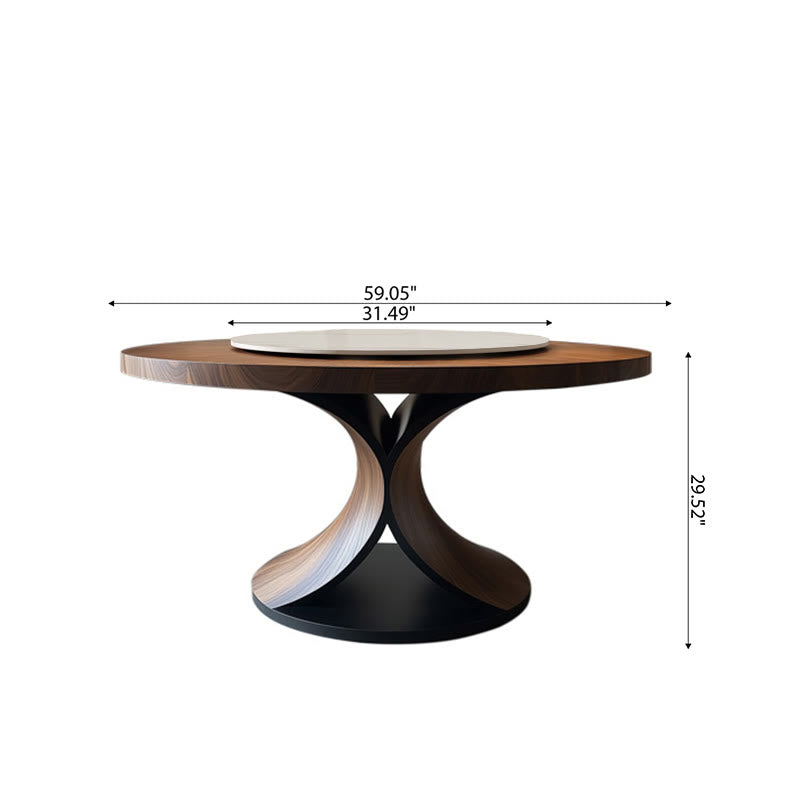 Solid Wood Round Mid-century Walnut Kitchen Room Dining Table With Removable Lazy Susan Tabletop