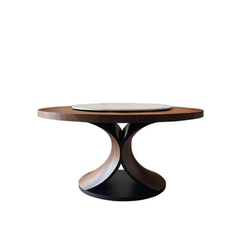 Solid Wood Round Mid-century Walnut Kitchen Room Dining Table With Removable Lazy Susan Tabletop - image 1