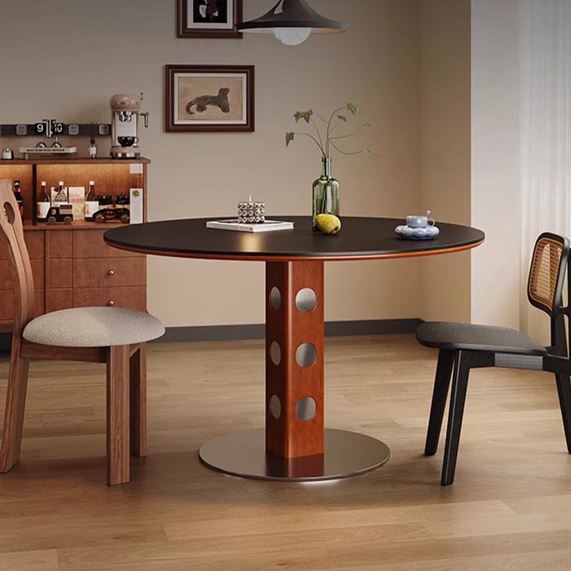 Solid Wood Dining Table With Dot Pattern Metal Base