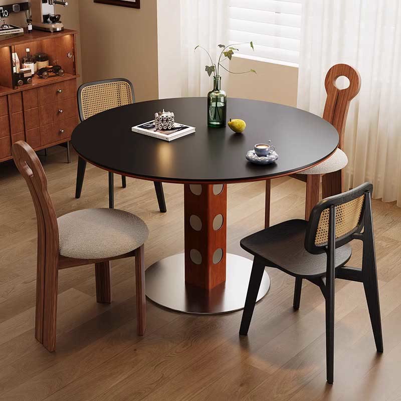 Solid Wood Dining Table With Dot Pattern Metal Base