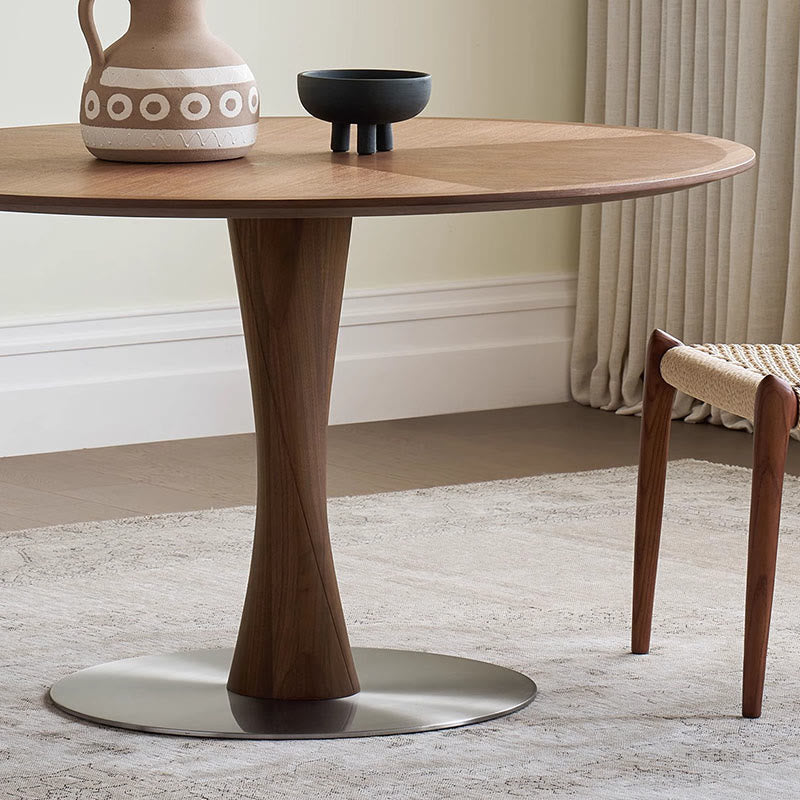 Walnut Hourglass-shaped Metal Base Dining Table