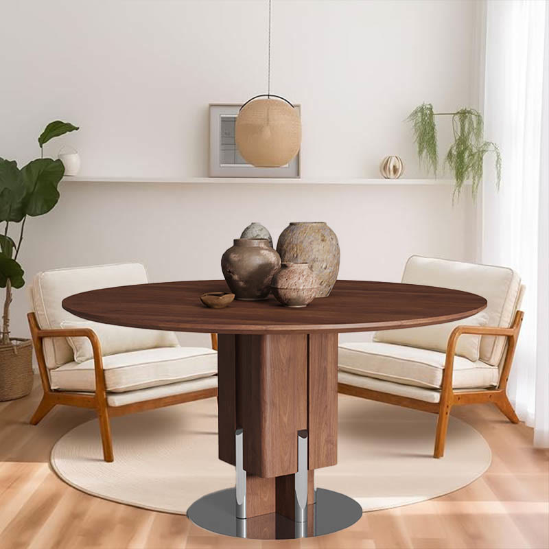 Rectangular Column Metal Round Base Dining Table