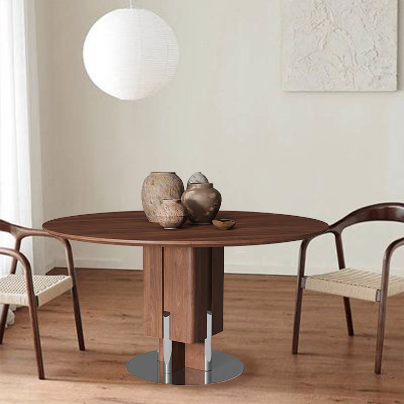 Rectangular Column Metal Round Base Dining Table - Walnut - W53.15" x D53.15" x H29.53" - image 0