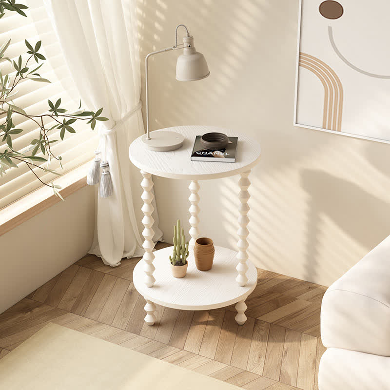 Medieval Solid Wood Round Side Table - 2 layers - Beige - 19.68"W x 19.68"D x 21.65"H - image 10