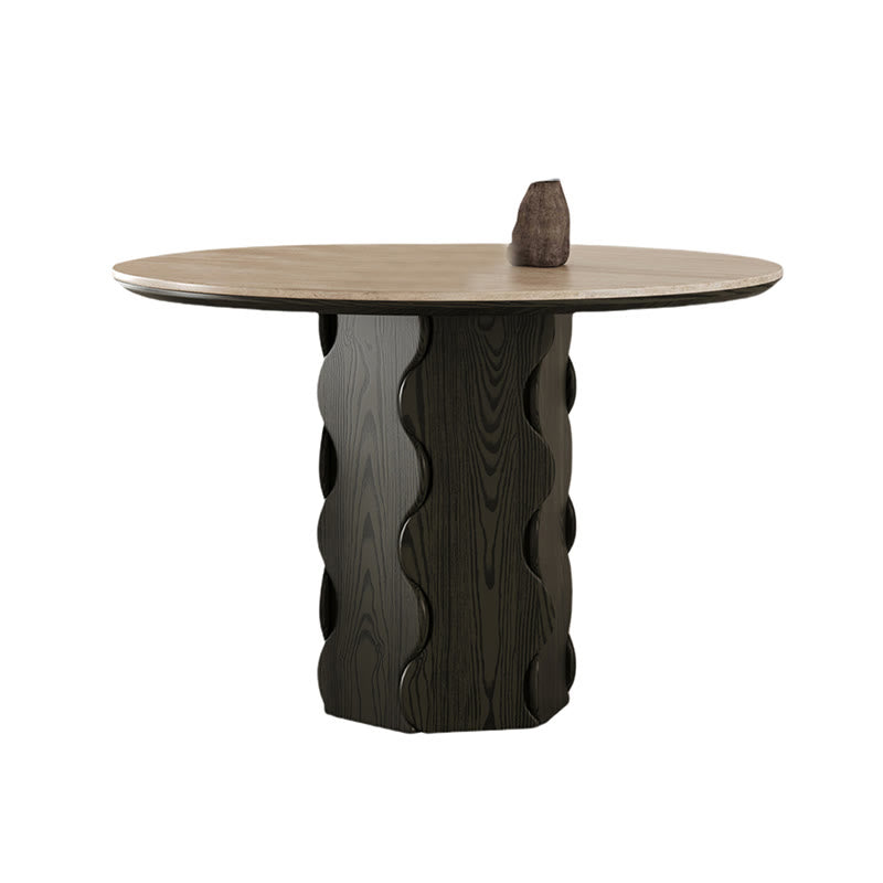 Wave-patterned Base Solid Wood Round Dining Table