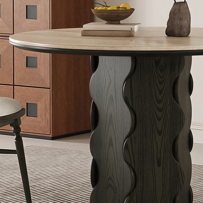 Wave-patterned Base Solid Wood Round Dining Table