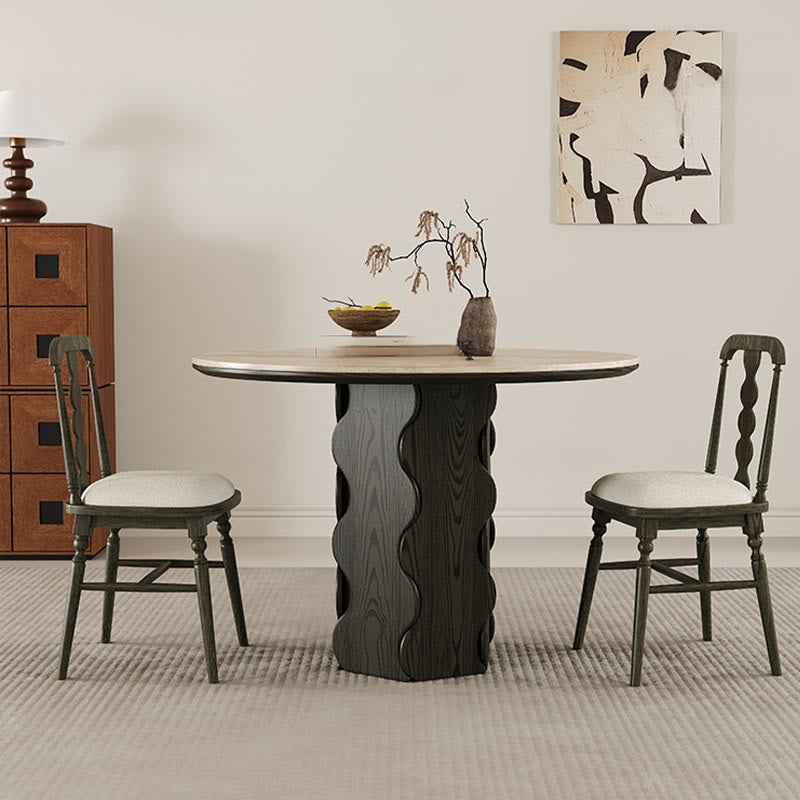 Wave-patterned Base Solid Wood Round Dining Table