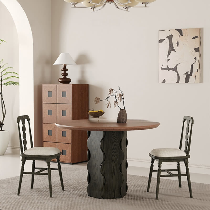 Wave-patterned Base Solid Wood Round Dining Table